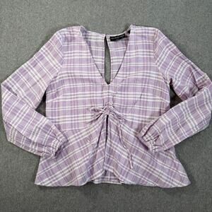 Fifth Label Purple Plaid V-Neck Blouse Size 4 Long Sleeve Ruched Front Cutout